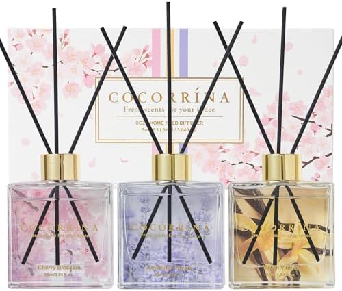 COCORRÍNA Reed Diffuser Set of 3-3 Pack/ 3.04 Fl.oz Diffuser with 24 Sticks Warm Vanilla/Cherry Blossom/Lavender Thyme Reed Diffuser for Home Bathroom Office Shelf Decor