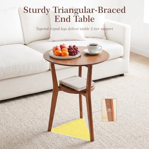 Bamboo Round Side Table, 2-Tier Mid Century Modern Sofa End Table