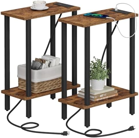 TUTOTAK Narrow Side Table Set of 2, Small End Table with Charging Station