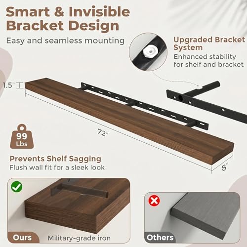 72 Inch Floating Shelves for Wall, 8"D Wood Storage Shelves, Walnut Finish