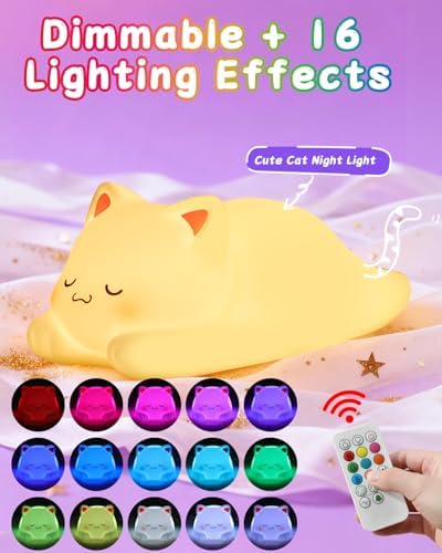 ZKLiLi Night Light for Kids Cute Cat Lamp,16 Colors+Tap+Remote+Silicone Kids Cute Cat Lamp Gifts,USB Remote Rechargeable Cat Night Lights for Room Decoration