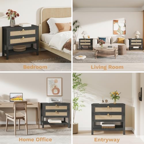 Eclatara Large Rattan Night Stand with 2 Drawers and Storage Shelf