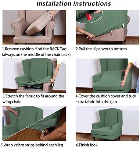 Turquoize Wingback Chair Covers 2 Piece Wing Chair Slipcover Stretch Slipcovers for Wingback Chairs Wing Chair Cover Spandex Jacquard Fabric with Elastic Bottom Non-Slip Furniture Cover, Loden Frost
