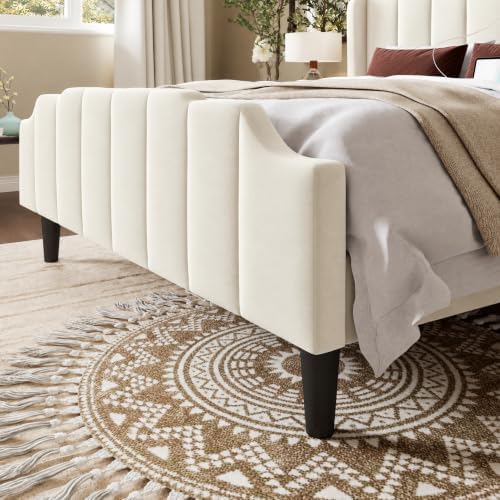 Allewie Vintage Queen Size Velvet Platform Bed Frame, Cream White