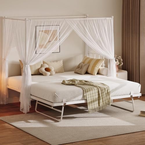 LIKIMIO Twin Daybed with Trundle, Canopy Bed with Pop Up Trundle, White