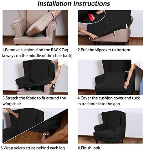 Turquoize Wingback Chair Covers 2 Piece Wing Chair Slipcover Stretch Slipcovers for Wingback Chairs Wing Chair Cover Spandex Jacquard Fabric with Elastic Bottom Non-Slip Furniture Cover, Black