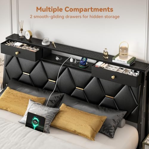 FreeHouse Queen Bed Frame with Storage Headboard and Drawers, PU Leather