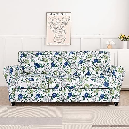 SearchI Stretch Sofa Cover Printed Couch Cover, Floral Pattern 4 Pieces Sofa Slipcover with 3 Separate Cushion Cover, Washable Furniture Protector for Living Room(Sofa, Green Flowers)