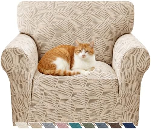 YEMYHOM 1 Piece Stretch Chair Sofa Slipcovers Couch Covers for 1 Seat, Jacquard Armchair Covers with Non-Slip Elastic Bottom, Thickened Furniture Protector for Dogs Pets kids (Small, Khaki）