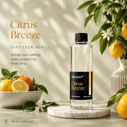 Airkeep Citrus Breeze Reed Diffuser Refill – 6.76 fl oz Premium Scented Oil for Home Aromatherapy – Long-Lasting Fragrance for Reed Diffusers – Perfect for Bathroom, Bedroom & Home Decor