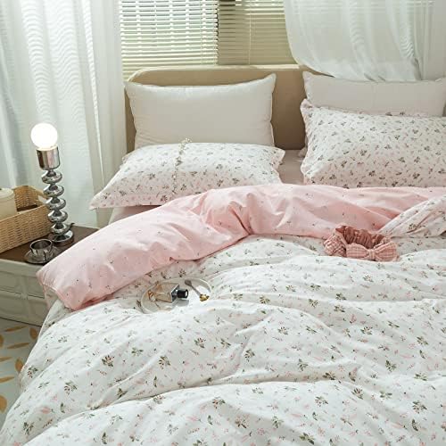 Pink Floral Duvet Cover Set 100% Cotton Full(80"x90"),White Pink