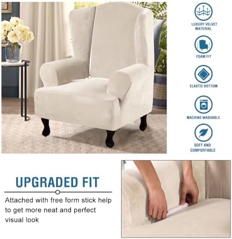 H.VERSAILTEX Wingback Chair Covers Polyester Spandex Plush Wing Chair Slipcover 1 Piece High Stretch Wing Back Chair Slipcovers Sofa Cover Furniture Cover with Elastic Bottom, Cream