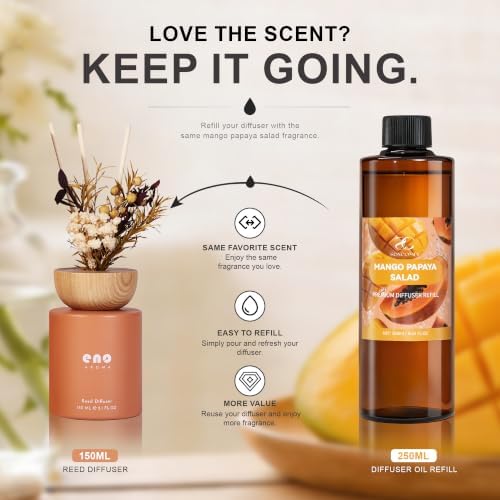 Reed Diffuser Set with Dried Flowers, 5.1 fl oz / 150ml, Mango Papaya Salad - Home Fragrance Diffuser with Sticks for Bathroom Shelf Decor, Bedroom, Office & Gift