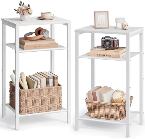 Hoctieon 2-Set 3 Tier End Table, Telephone Table Set of 2, Tall Side Table with Storage Set of 2, Small Nightstand for Small Spaces, Metal Frame, White