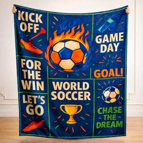 Soccer Throw Blanket, Navy Sports Motivational Blanket, Soft Flannel Soccer Fan Quote Blanket for Couch Bed, Kick Off Goal Football Gift for Men Women Kids