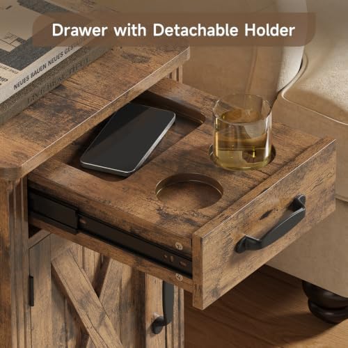 ONBRILL Farmhouse End Table with Charging Station,Rustic Brown