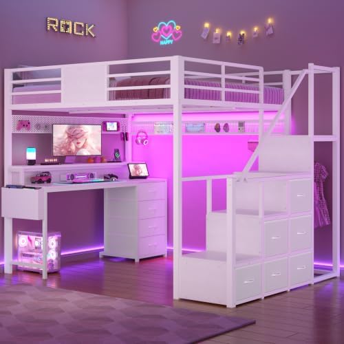 Full Size Loft Bed with 55.5" Desk and Storage Stairs, White