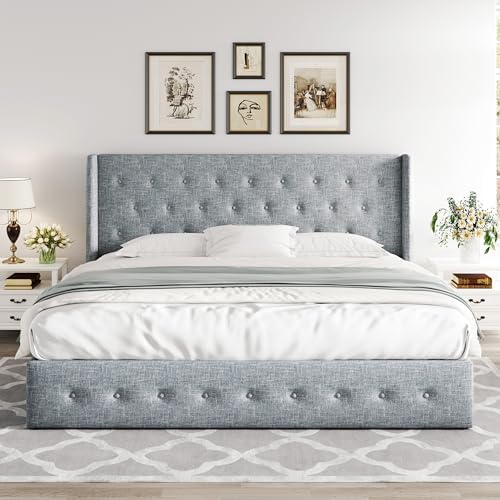 Allewie King Size Lift Up Storage Button-Tufted Bed Frame Blue Grey