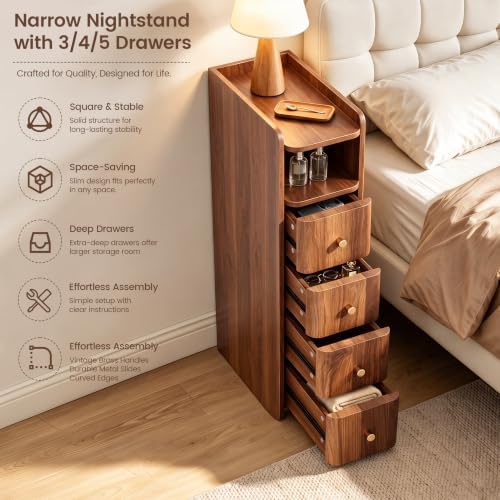 FurSch 31.5”H Tall 7.87”W Narrow Nightstand with 4 Drawers for College Dorm