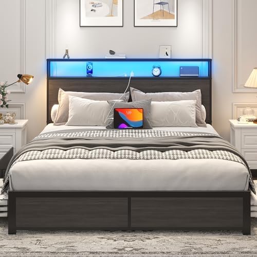 Lifezone Queen Bed Frame with 2-Tier Storage Headboard, Metal Platform Bed Frame with 4 Storage Drawers, Built in Charging Station & LED, Noise-Free/Metal Support/No Box Spring Needed, Rustic Grey