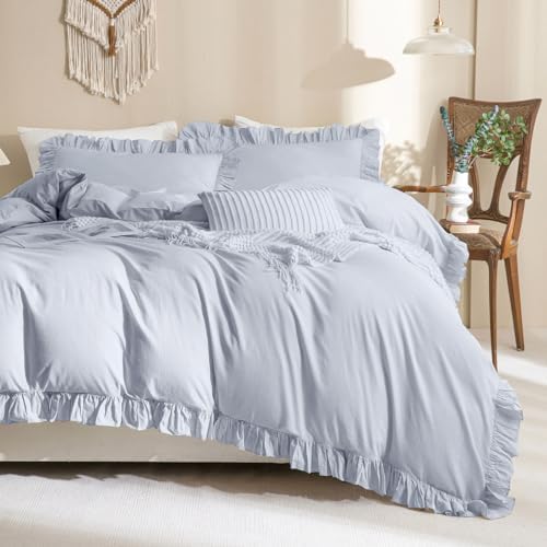 Ruffle Duvet Cover Queen Size Washed Cotton,3pc Linen Feel Farmhouse Shabby Vintage Ruffled Bedding Set French Country Rustic Cornflower Blue Comforter Cover Aesthetic Soft Quilt Cover Set