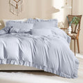 Ruffle Duvet Cover Queen Size Washed Cotton,3pc Linen Feel Farmhouse Shabby Vintage Ruffled Bedding Set French Country Rustic Cornflower Blue Comforter Cover Aesthetic Soft Quilt Cover Set