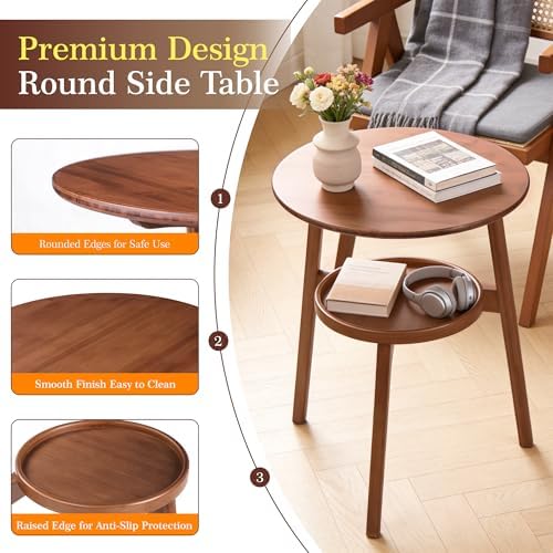 2-Tier Round Bamboo Side Table, Mid Century Modern End Table