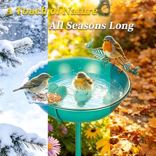Mellbree Bird Bath for Outside 13", Metal Freestanding 13" Dia 39" H Lake Blue Gold Gilding Birdbath with Perch & Feeder Bowl, Multi-Functional for Garden Patio Yard Lawn Outdoor Decor