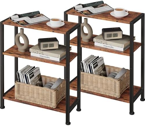 3-Tier Side Table Set of 2, Small End Table, Sofa Side Table for Narrow Spaces, Slim End Table, Nightstand Table, for Living Room Bedroom Office, Rustic Brown