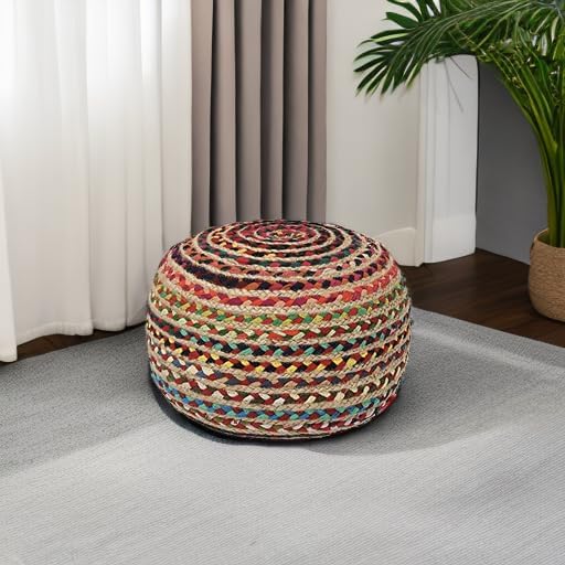 · REDEARTH · Braided Jute Cotton Pouf - Circular Boho Ottoman - Multi