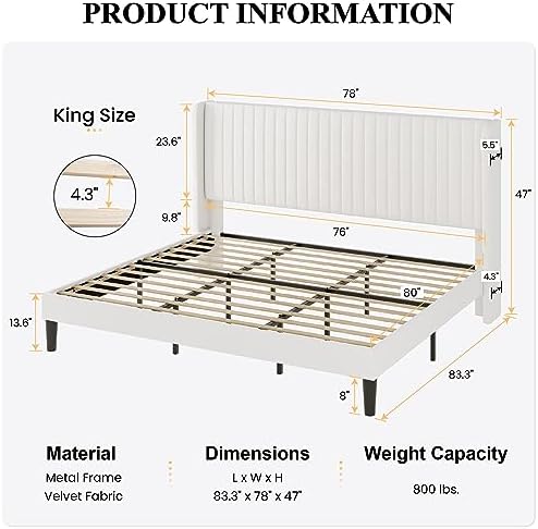 SHA CERLIN King Size Velvet Bed Frame, Tufted Wingback Headboard, White