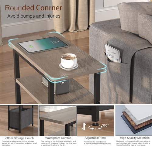 sthmec Narrow Side Table Set of 2, Skinny End Tables with Fabric Basket, Small Side Tables for Small Space,2-Tier Open Shelves with Basket, Slim Nightstands Set 2 for Bedroom,Livinroom,Office, Grey