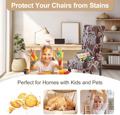 SearchI Dining Room Chair Covers Set of 6, Stretch Printed Parsons Chair Slipcovers Removable Washable Kitchen Chair Protector Cover for Dining Room, Hotel, Ceremony (Brown+Flower)