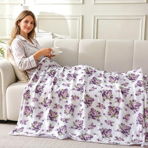 Muslin Blankets for Adults Reversible Throw Fleece & Gauze, Soft Cozy Lightweight Breathable Floral Blanket for Bed Couch, Double Layer Muslin Purple Rose Throw Cover 90"x108"