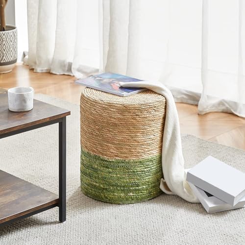 14" Boho Pouf Patio Ottomans Natural Straw Handweave Rustic Round Footstool