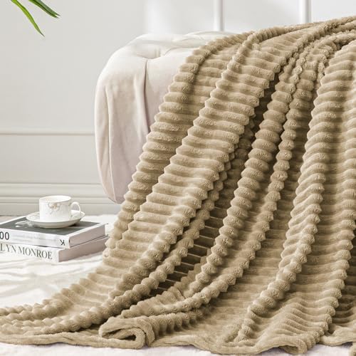 BEDELITE Ribbed Jacquard Brown Fleece Throw Blanket for Couch, 50x60 Inch