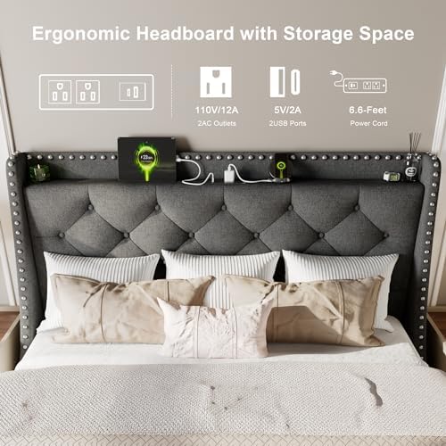 Feonase Queen Bed Frame with Luxury Wingback and Fast Charging Station,Upholstered Button Tufted Storage Headboard Queen Platform Bed,Sturdy Wooden Slats Support,Noise-Free,Easy Assembly,Dark Gray