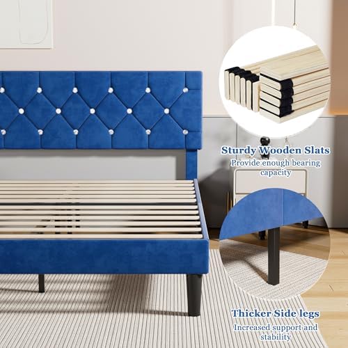 VECELO Queen Size Bed Frame, Upholstered Platform with Adjustable Diamond Tufted Headboard, Wood Slat Support, No Box Spring Needed, Navy Blue