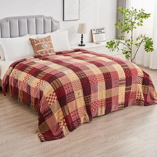 Boho Throw Blanket,Patchwork Large Blankets for Sofa Double Bed Armchair Couch,Weighted Soft Furniture Throws,Tassels Chenille Throws and Blankets for Bohemian Decor (60"*75")…