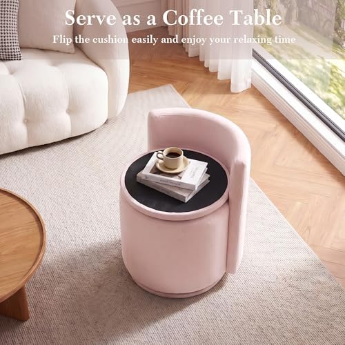 FOXHUNTER Vanity Stool with Storage, 360° Swivel Accent Chair, Velvet Pink
