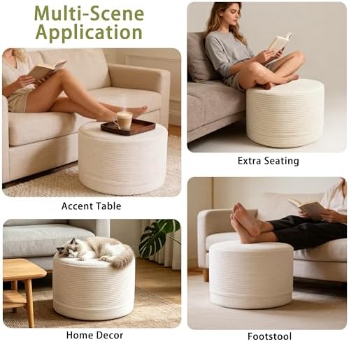 Thgonwid Round Ottoman Pouf, Corduroy Foot Rest Stool, 20x14In, Ivory White