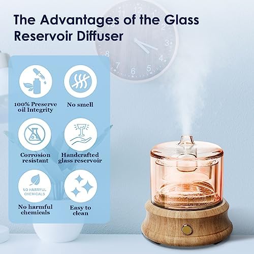 Lecdura Glass Essential Oil Diffuser, 80ML Small Glass Reservoir Natural Wood Base Ultrasonic Cool Mist Aroma Diffusers with USB-Cord Auto-Off 7 Color Light for Home Office Bedroom