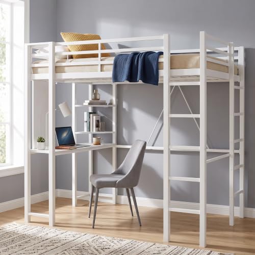 Loft Bed with Desk, Metal Loft Bed Full Size with 2 Built-in Ladders, with Safety Guard,Space-Saving Bed Frame, Noise Free, Creamy White (Full Size)