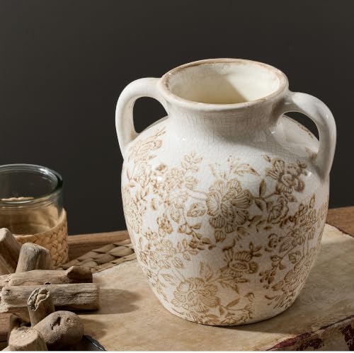 Ceramic Vintage Vase, Utensil Holder, Flower Decorative Vase with Handles, Chinoiserie Decor Rustic Farmhouse Retro Floral Vases for Table Bookshelf Mantel Kitchen Living Room Office - 6.7” Brown 018