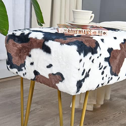 Cow Long Rectangle Faux Fur Ottoman 46"x16"x22" Entryway Bench Soft Furry Footrest Stool Sturdy Accent Seating Bench for Bedroom End of Bed Fuzzy Table for Living Room Closet with Golden Legs