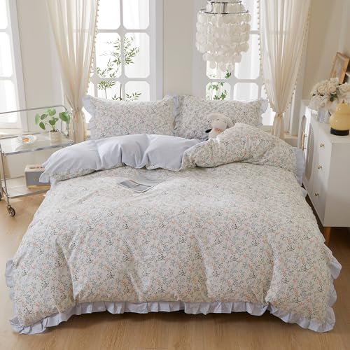 HighBuy Girl Floral Ruffle Duvet Cover Queen,Boho Floral Lace Ruffled 100% Cotton Blue Striped Bedding Coquette,Shabby Vintage Duvet Cover Set Farmhouse Bedding Cooling Breathable for Women