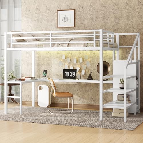 Full Size Loft Bed with Desk and Wardrobe, Metal Heavy Duty Loft Bed with Storage Stairs, LED Lights, USB Port, LoftBed Frames for Kids, Junior, Space Saving, Noise Free (White, Full)