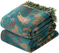 VANJOROY Boho Throw Blanket, 100% Organic Cotton Breathable Ultra Soft 91" x 108" King Bed Quilt Throw - Floral Rustic Bird Farmhouse Decor Luxury Blanket for Sofa Couch Chair and Gift,Teal/Beige