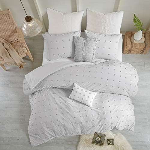 Intelligent Design Duvet Set 100% Cotton Jacquard, Tufts Accent, Shabby Chic All Season Cover for Comforter, Matching Shams, Decorative Pillows, King/California King (104 in x 92 in), Grey 7 Piece