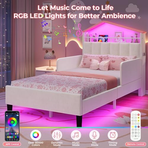 ADORNEVE Twin Size Girls Bed Frame with LED Lights,Beige & Pink